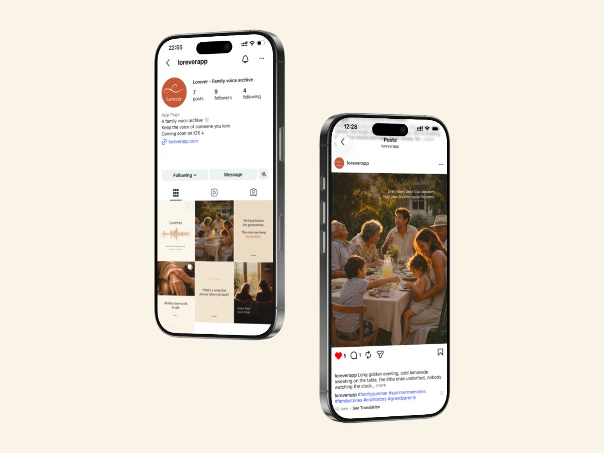 Lorever Instagram profile @loreverapp in an iPhone mockup